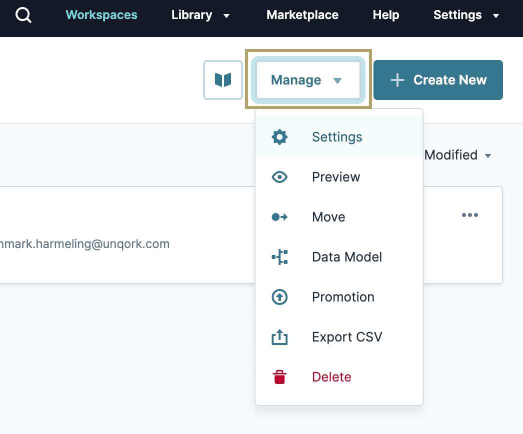 Image showing the Application Settings menu open on the application page.