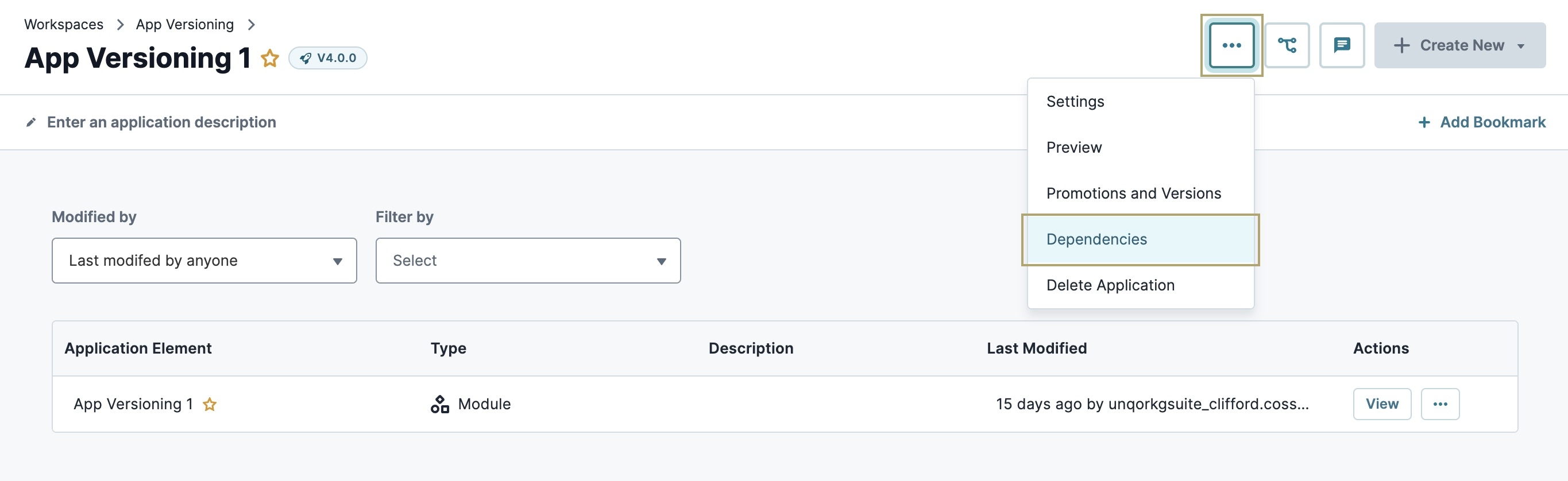 A static image displaying the ellipsis drop-down and selection of Manage Dependencies at the Application level of the parent application.