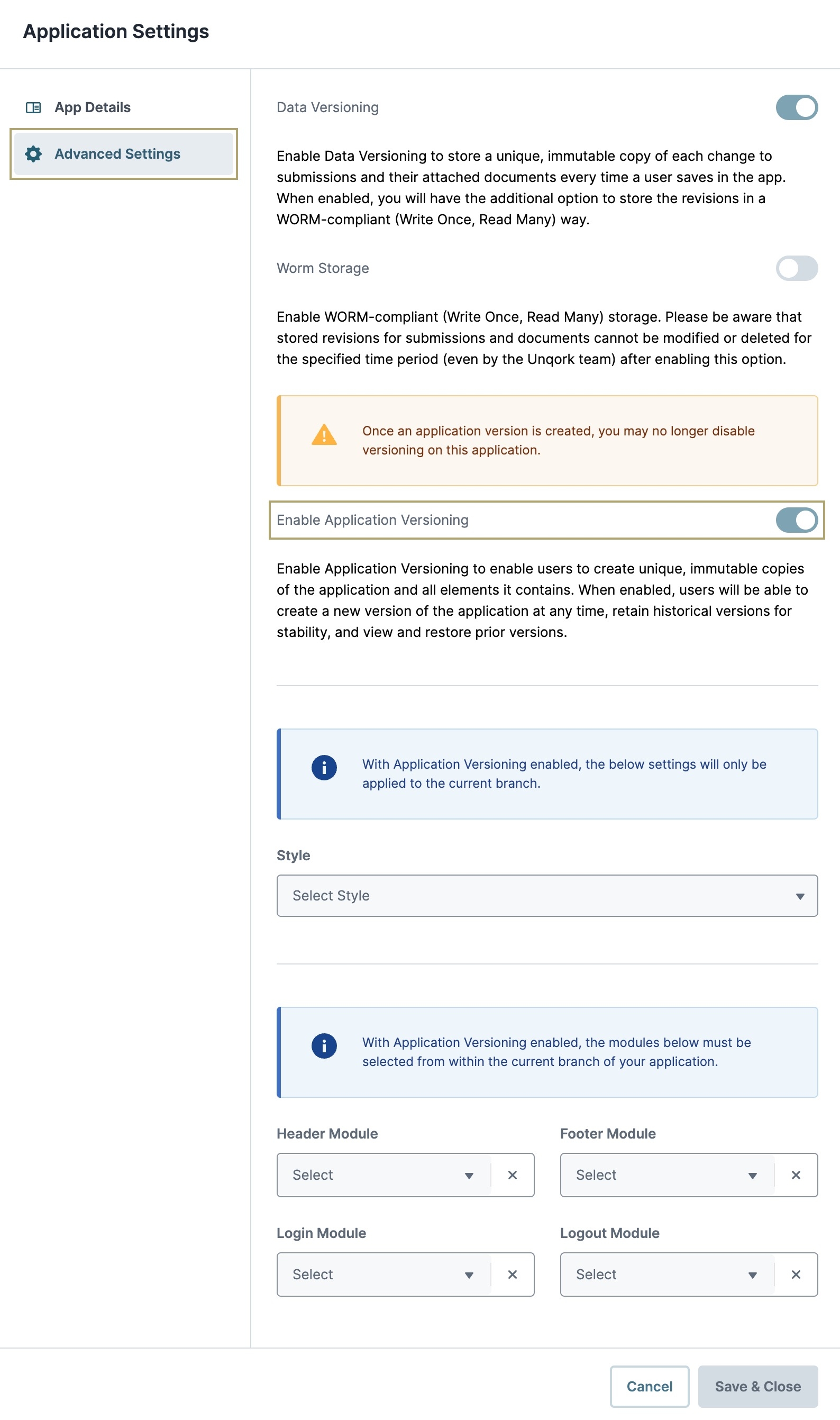 A static image displaying the Enable Application Versioning toggle set to ON.