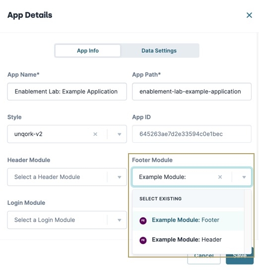 A static image displaying the App Details modal, the Header Module drop-down is selected, and an existing header module is highlighted.