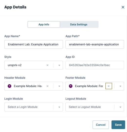 A static image displaying the App Details modal. The Header Module field displays a X button to disconnect an existing header module.