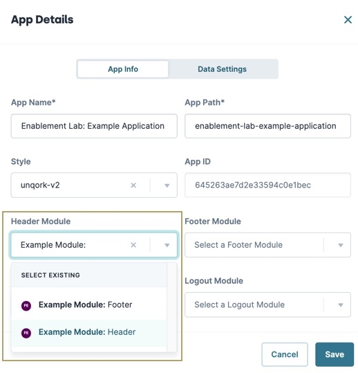 A static image displaying the App Details modal, the Header Module drop-down is selected, and an existing header module is highlighted.