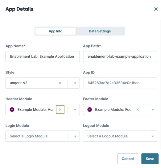 A static image displaying the App Details modal. The Header Module field displays a X button to disconnect an existing header module.