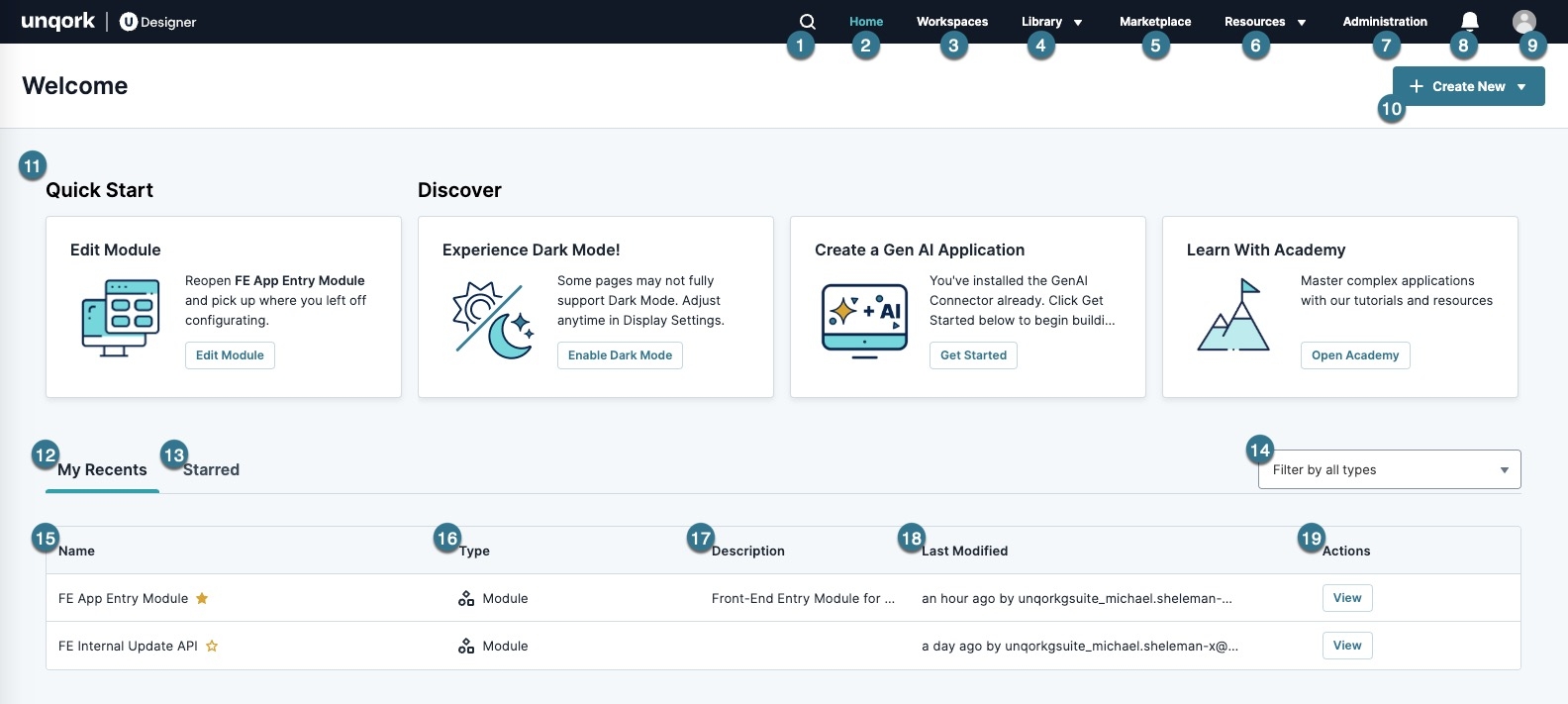 A static image displaying all the various settings and actions you can use on your UDesigner homepage.