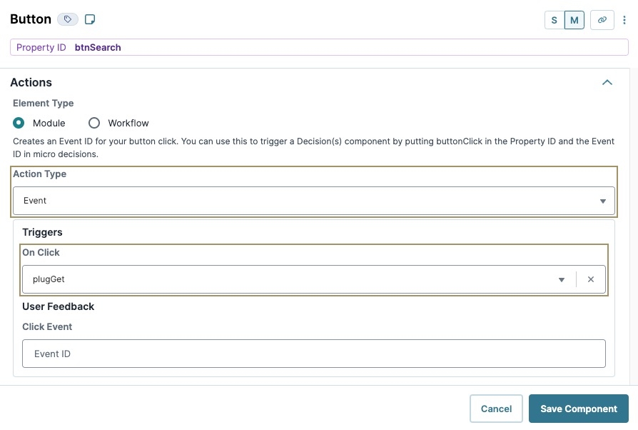 A static image displaying the Button component's Actions settings.