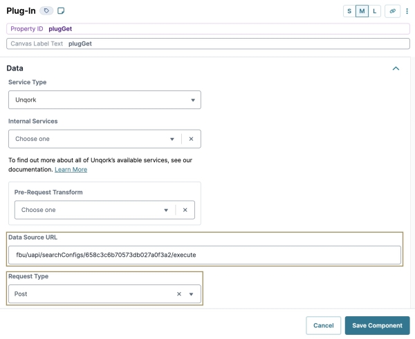 A static image displaying the Plug-In component's Data settings.