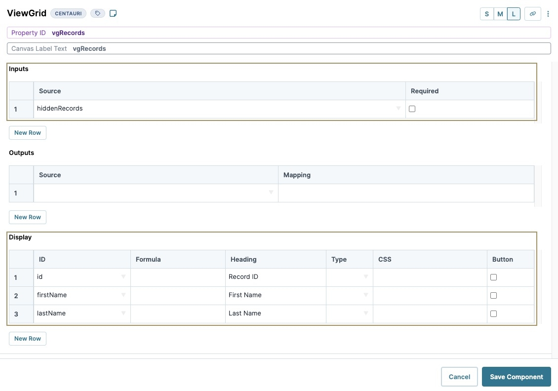 A static image displaying the View Grid component's Input and Display settings.