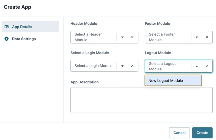 A static image displaying the Create App modal in UDesigner. The Logout Module drop-down is displayed and the New Logout Module is highlighted.
