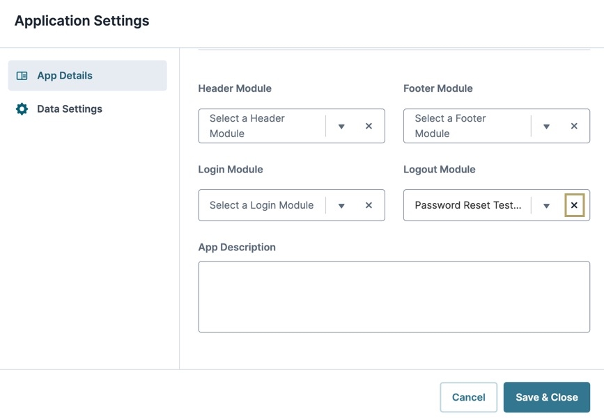 A static image displaying the App Details modal. The Logout Module field displays a X button to disconnect an existing logout module.