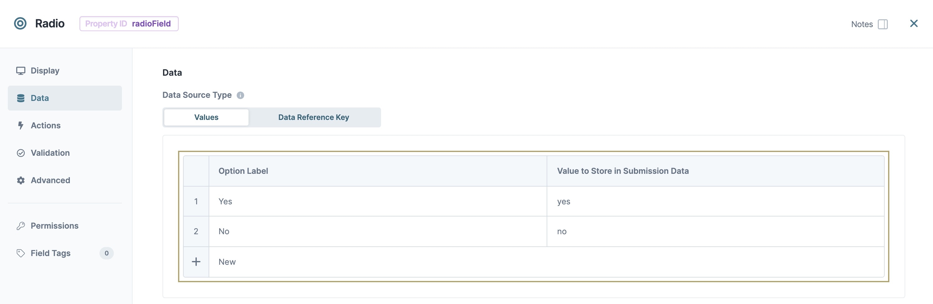 A static image displaying the Data Panel settings for the second Radio Buttons component.