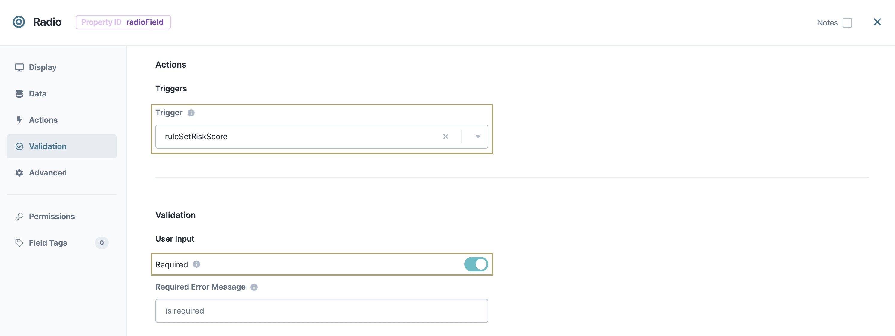 A static image displaying the Actions and Validation Panel settings for the second Radio Buttons component.