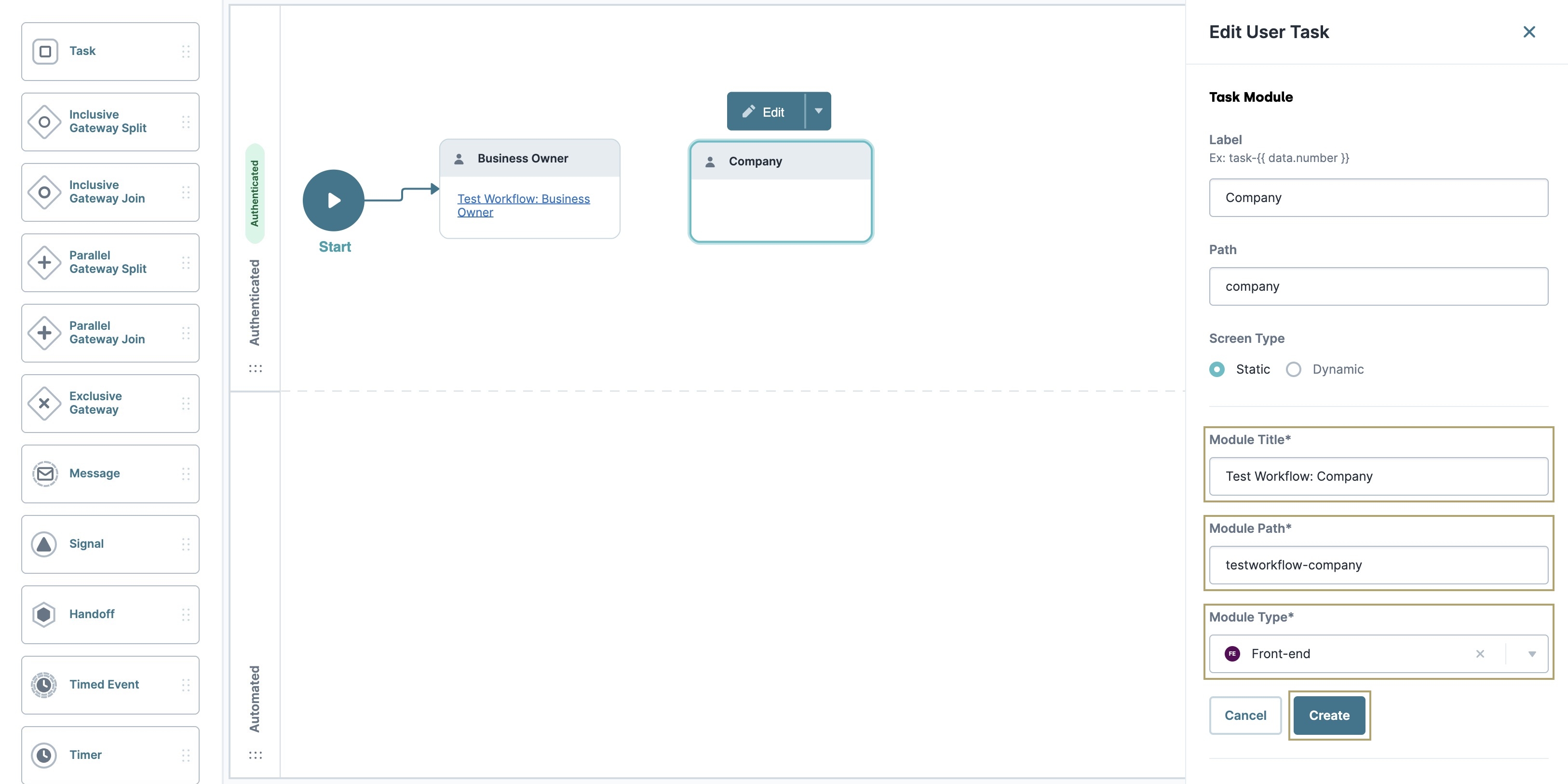 A static image displaying the creation of a new module in the Company Edit User Task panel.