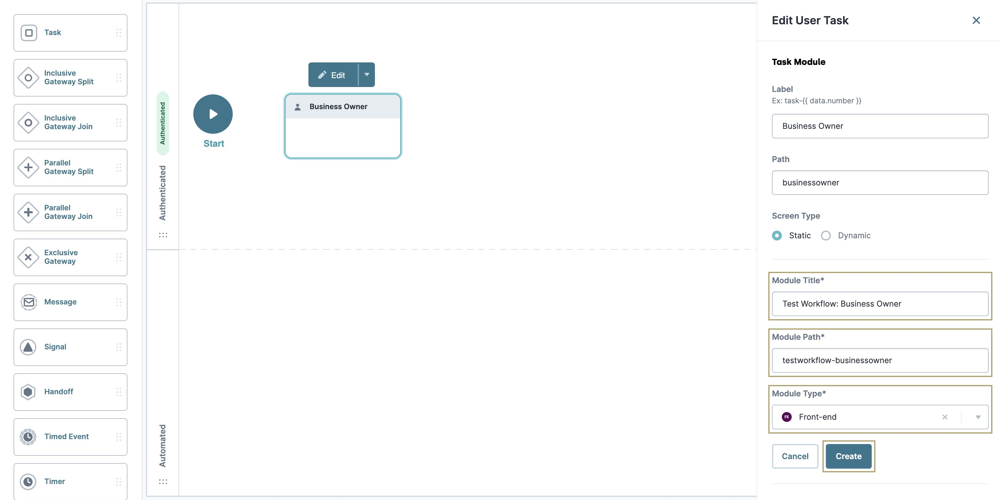 A static image displaying the creation of a new module in the Business Owner Edit User Task panel.