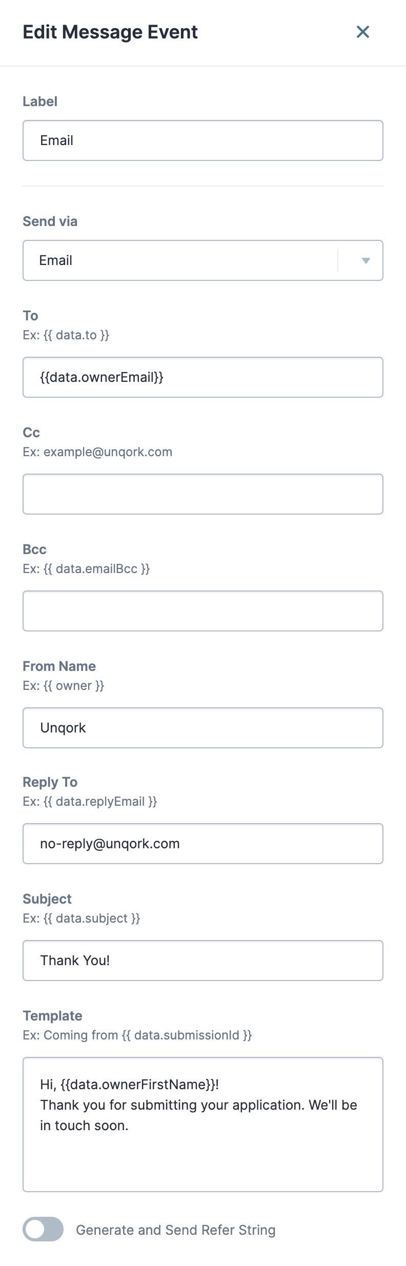 A static image displaying the completed configuration of the Email Message node's Edit Message Event panel.