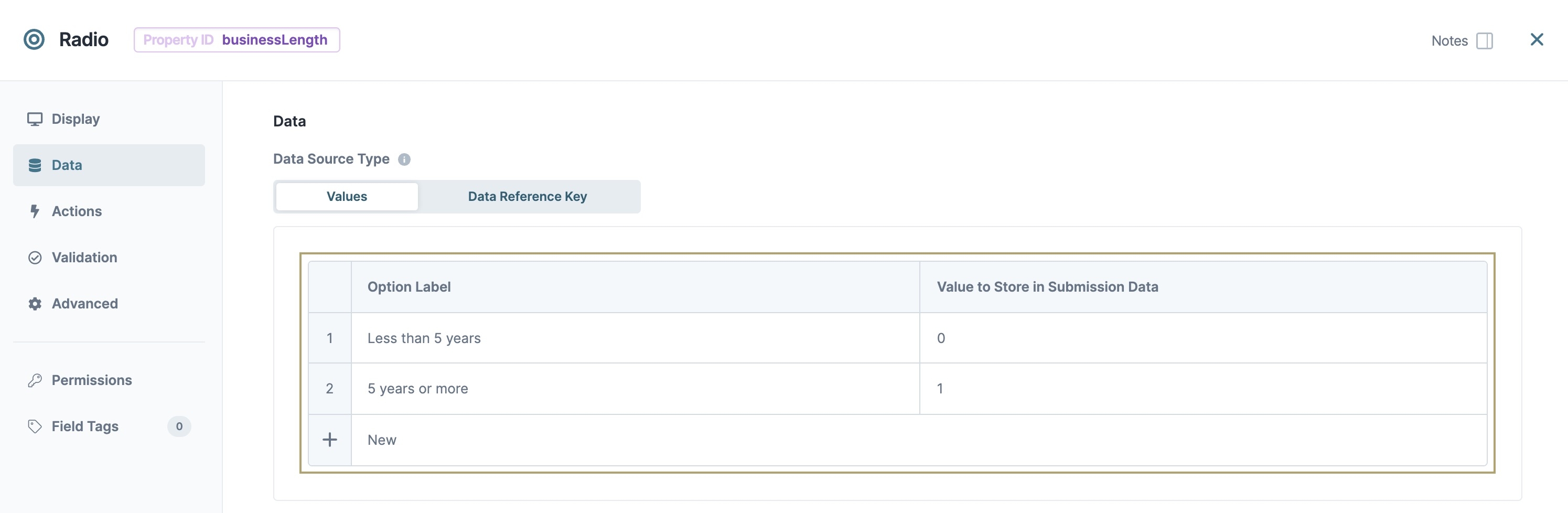 A static image displaying the Data Panel settings for the first Radio Buttons component.