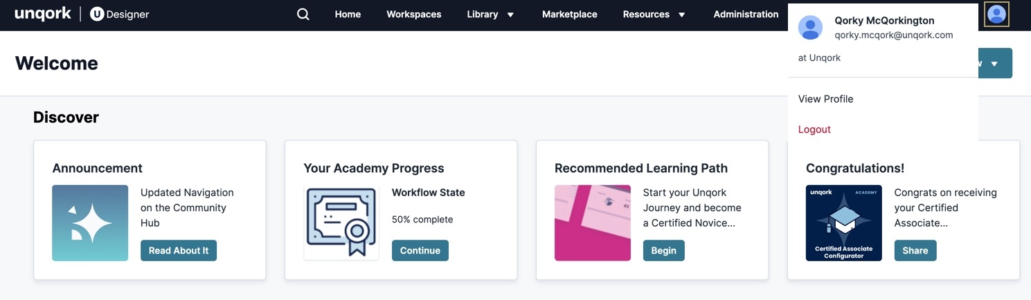 A static image displaying the Profile button at the top of the UDesigner homepage.