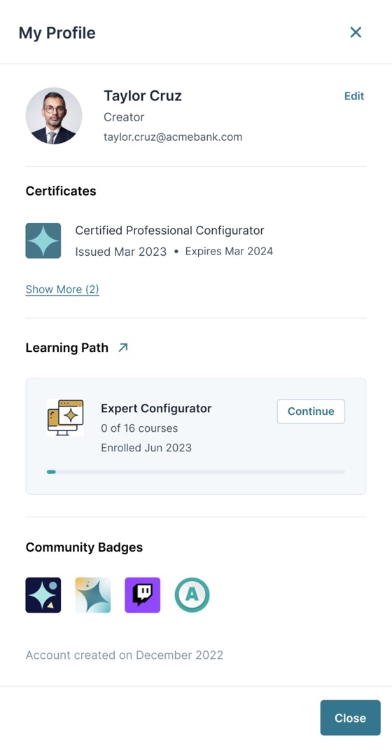A static image displaying a sample user profile in UDesigner.