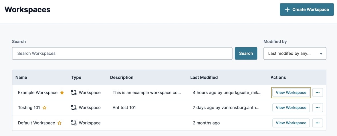 A static image displaying the View Workspace button to view a workspace from the All Workspaces page.