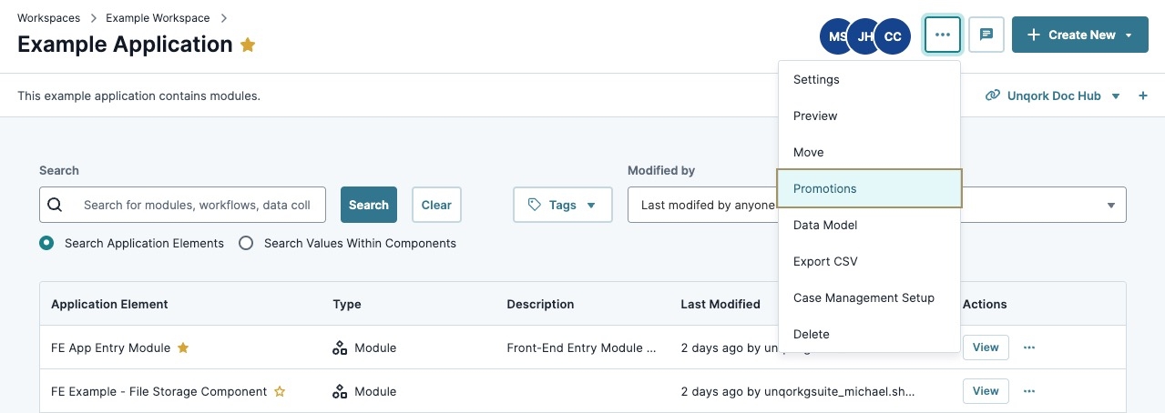 A static image displaying how to select the Promotion option from the Manage drop-down at the Application level.