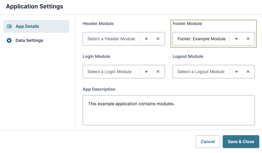 A static image displaying the App Details modal, the Footer Module drop-down is selected, and an existing footer module is highlighted.