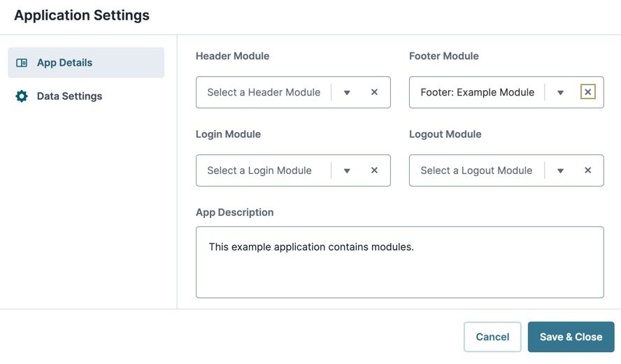 A static image displaying the App Details modal. The Footer Module field displays a X button to disconnect an existing footer module.