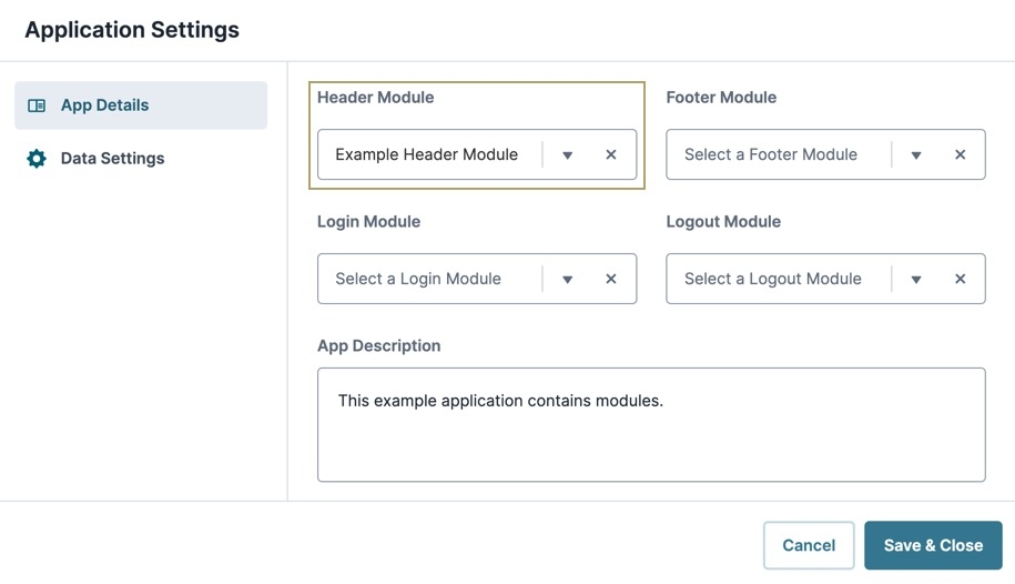 A static image displaying the App Details modal, the Header Module drop-down is selected, and an existing header module is highlighted.