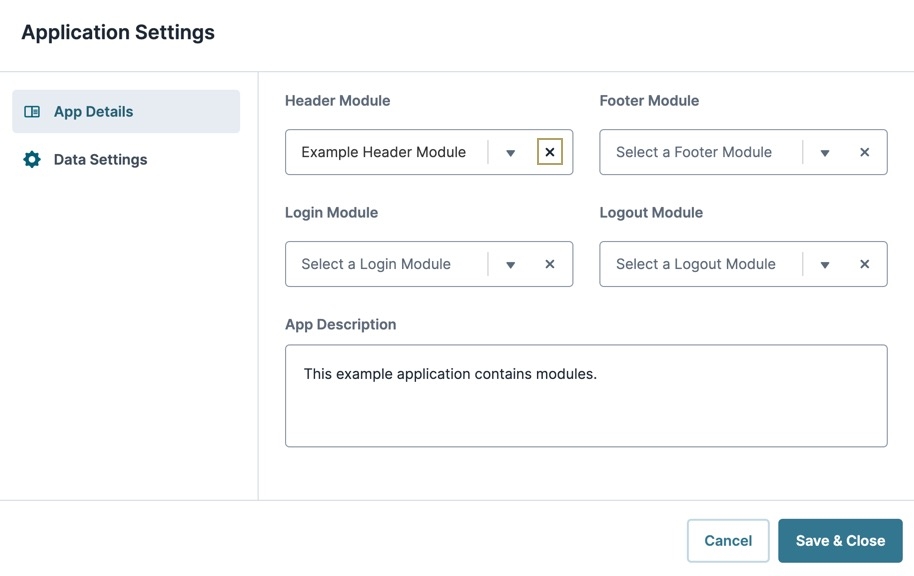 A static image displaying the App Details modal. The Header Module field displays a X button to disconnect an existing header module.