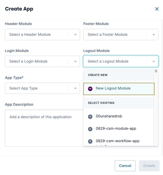 A static image displaying the Create App modal, the Logout Module setting is selected and the New Logout Module option is highlighted.