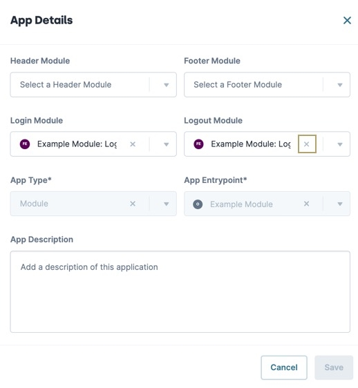 A static image displaying the App Details modal. The Logout Module field disconnect button is highlighted.