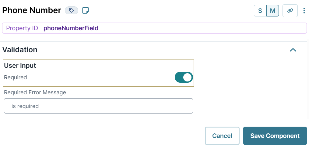 A static image displaying data validation parameter in the phonenumber component.