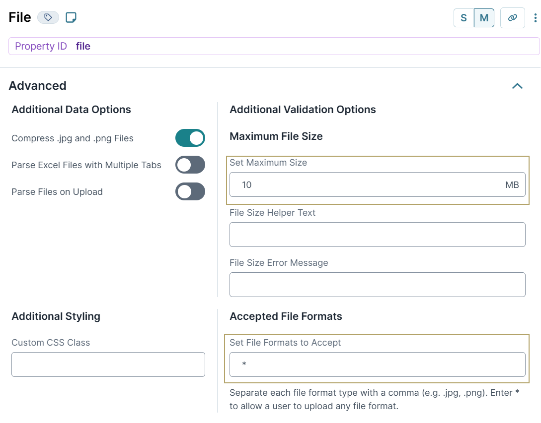 A static image displaying File component validation options.