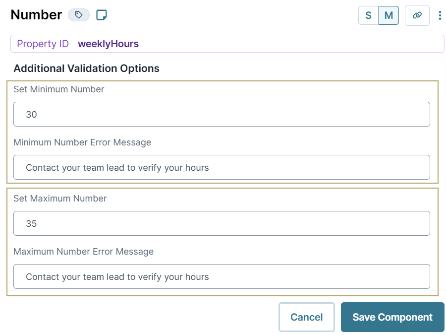 A static image displaying validation options in a number component.