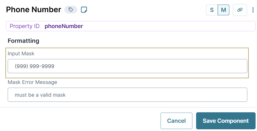 A static image displaying input mask settings in Phone Number component.
