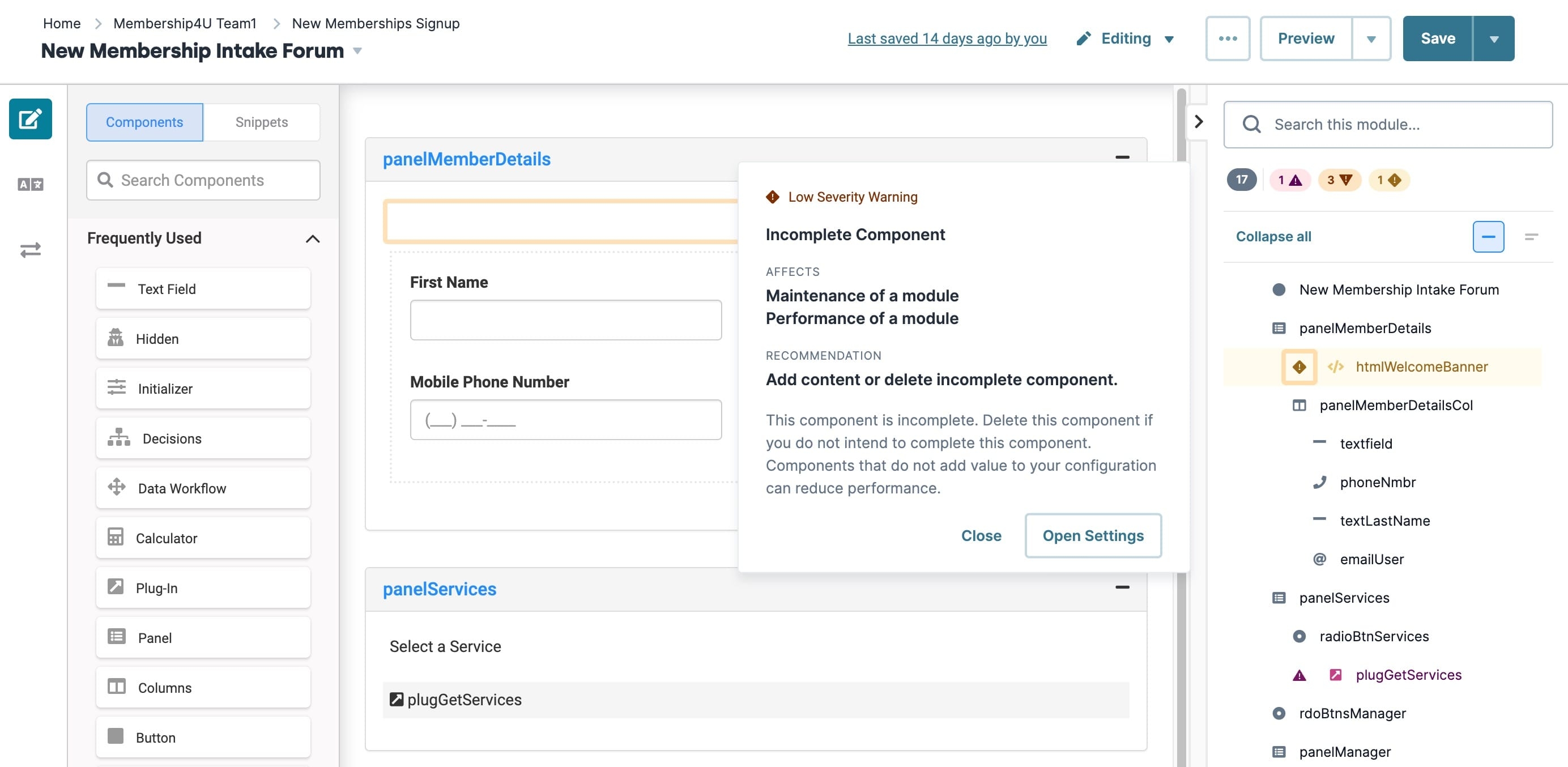 A static image displaying the Module Builder's Module Outline with the Configuration Analysis tool highlighting an issue.