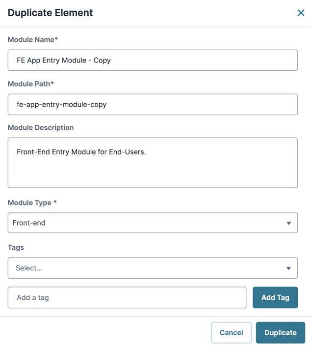 A static image displaying the Duplicate Element modal.