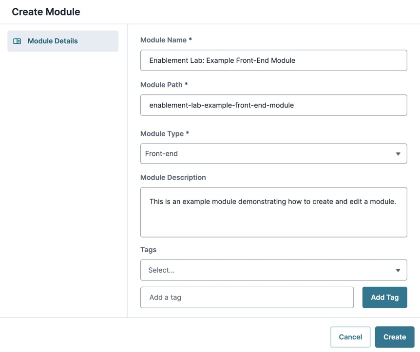 A static image displaying the creation of a front-end module.
