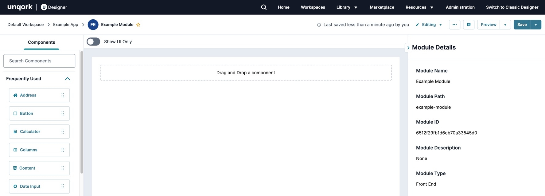 A static image displaying the Module Editor in the Unqork UDesigner Platform.