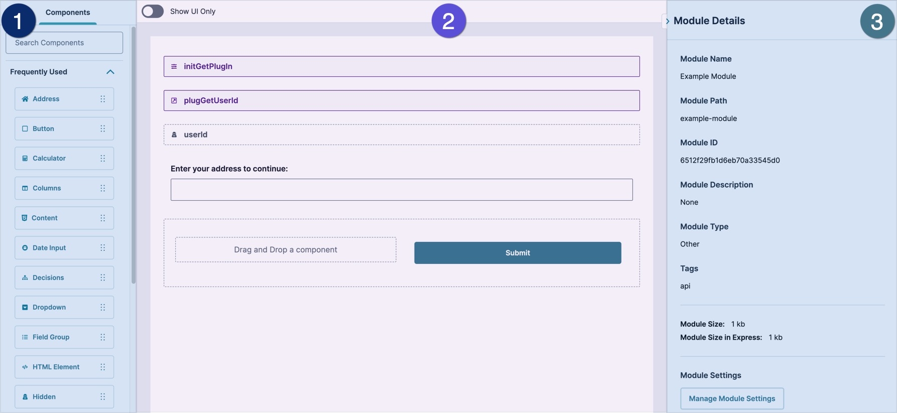 A static image displaying the Module Editor. The layout has been divided into three sections: Section one is the Components tray, section two is the canvas, and section three is the Module Outline.