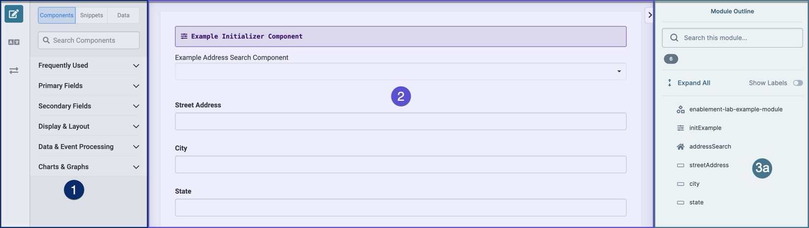 A static image displaying the Module Editor. The layout has been divided into three sections: Section one is the Components tray, section two is the canvas, and section three is the Module Outline.
