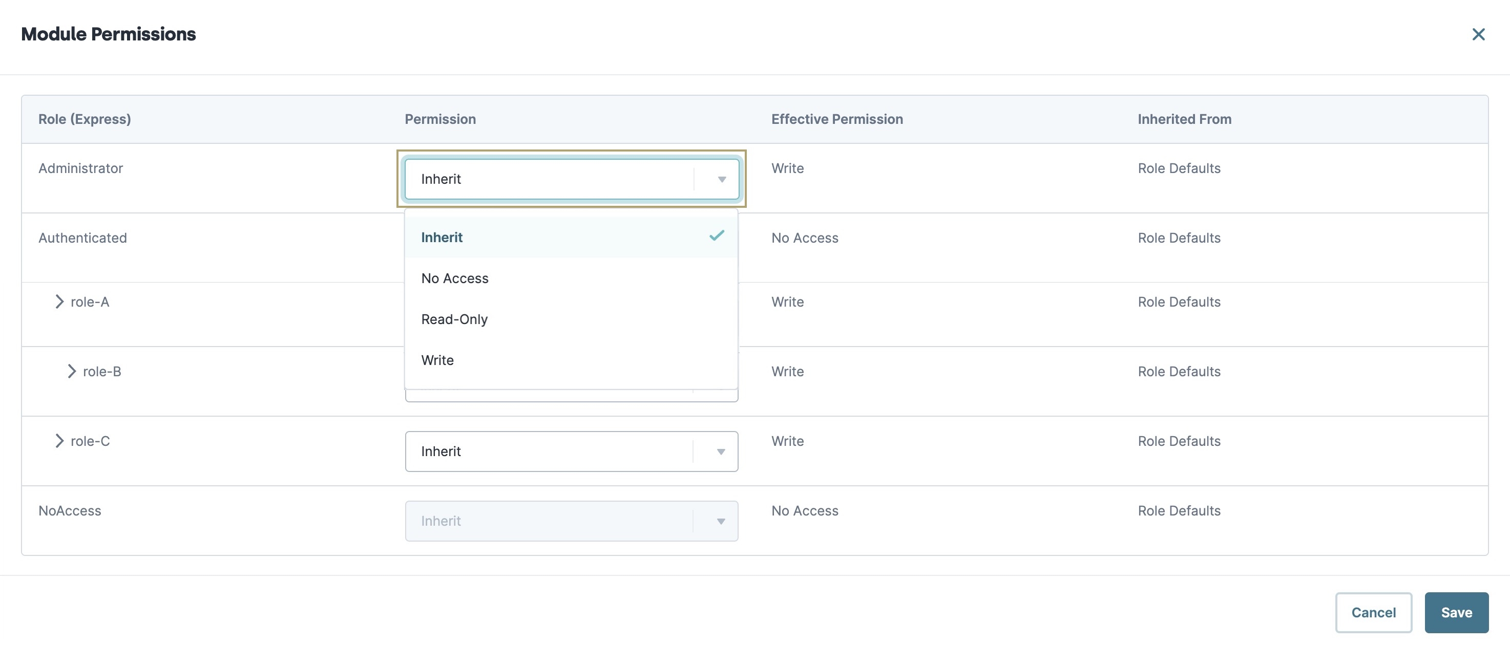A static image displaying how to customize RBAC permissions for an Express role.