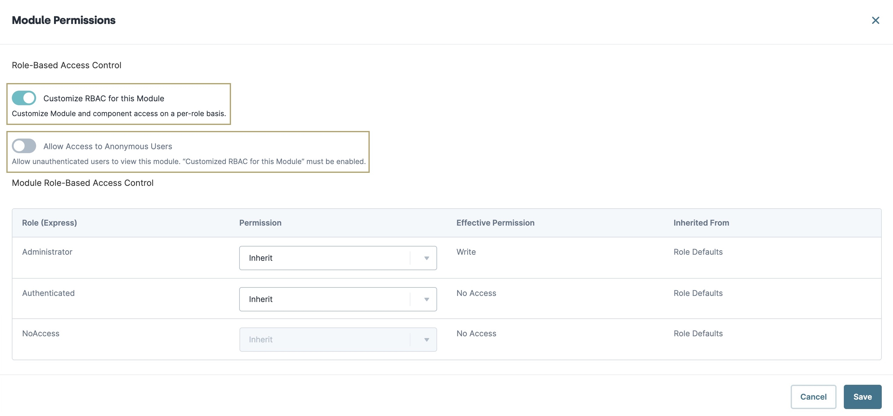 A static image displaying the Module Permissions' RBAC settings.