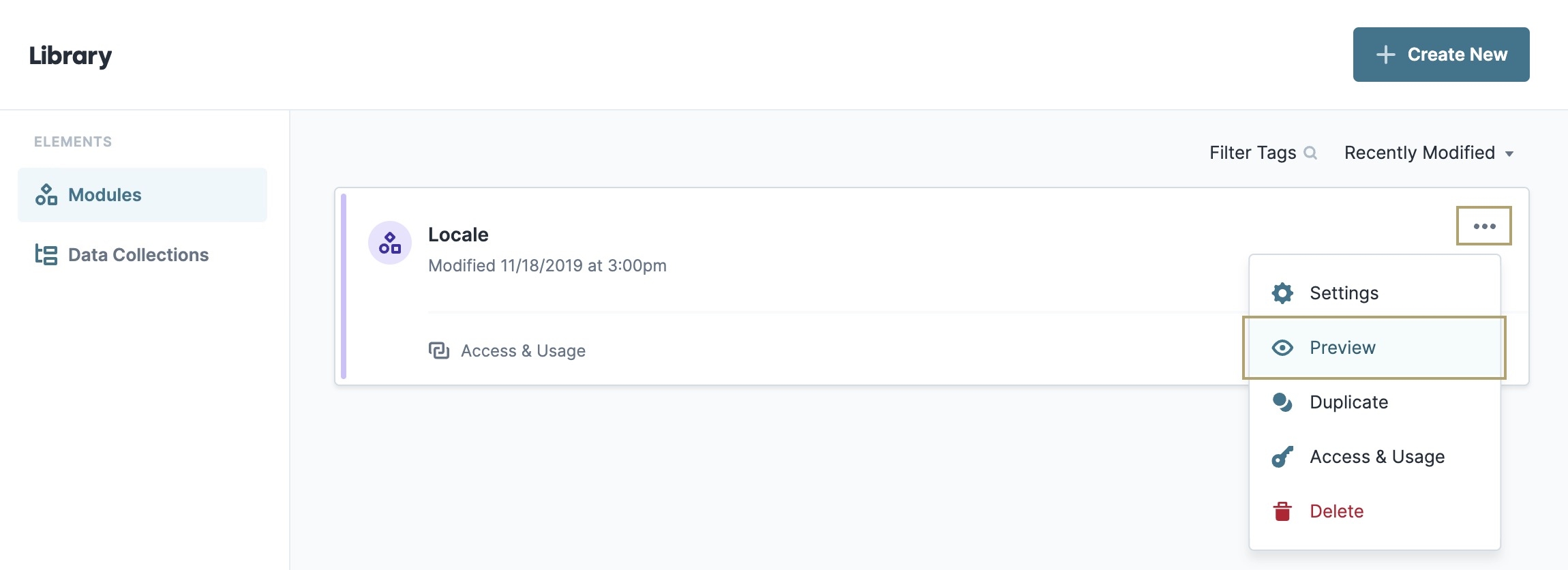 A static image displaying how to preview the Locale module in Express View.