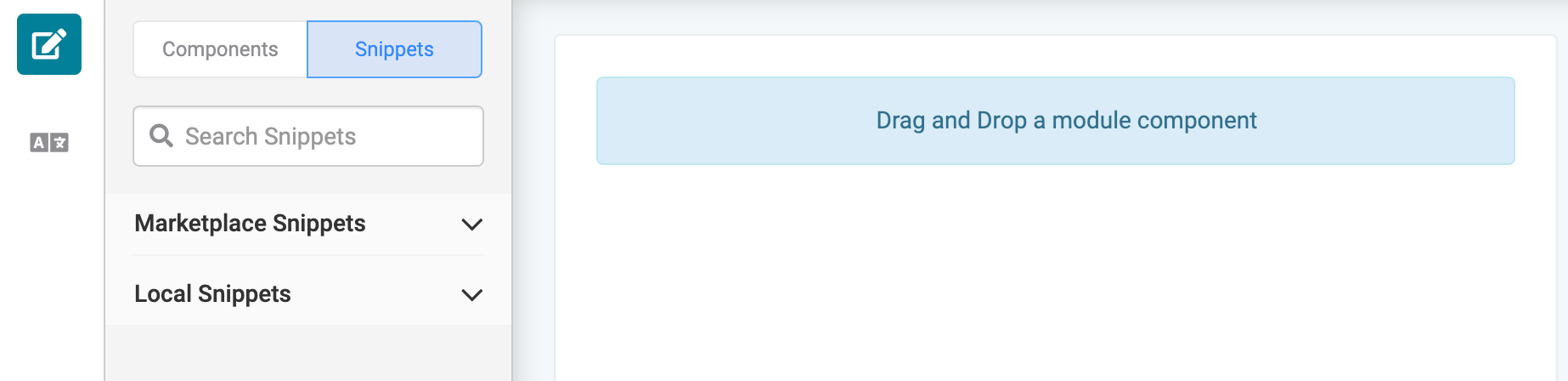 Snippets menu, including Markeplace and Local snippets, in the Module Editor. 