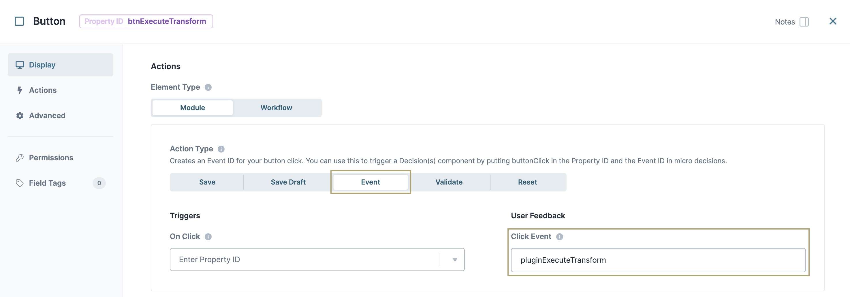 A static image displaying how to configure an event click to trigger the Plug-In component.