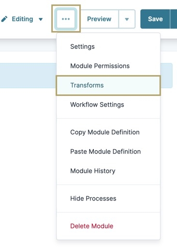 A static image displaying how to access the Transforms modal.