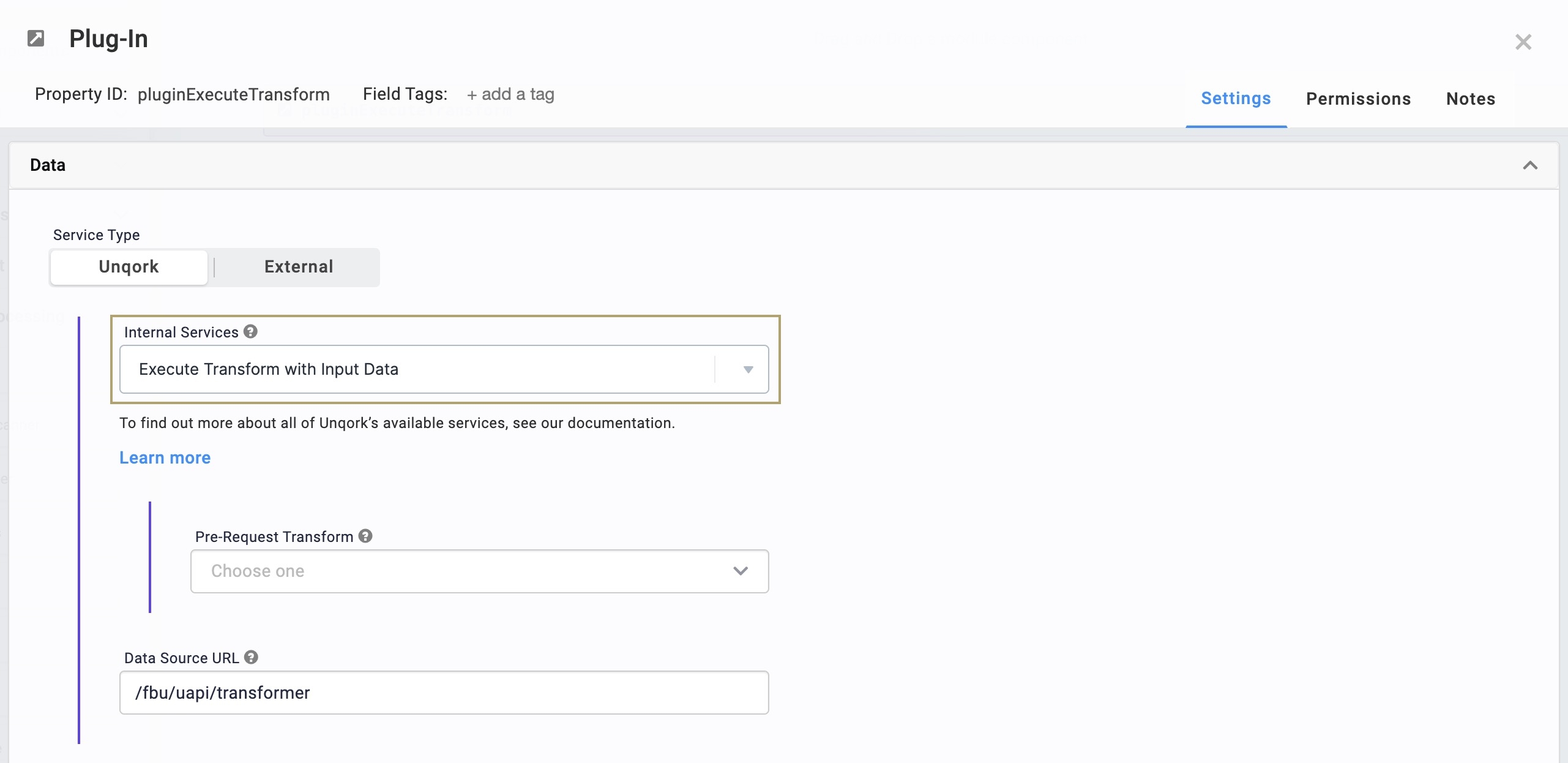 A static image displaying how to select the Execute Transform with Input Data Internal Service.