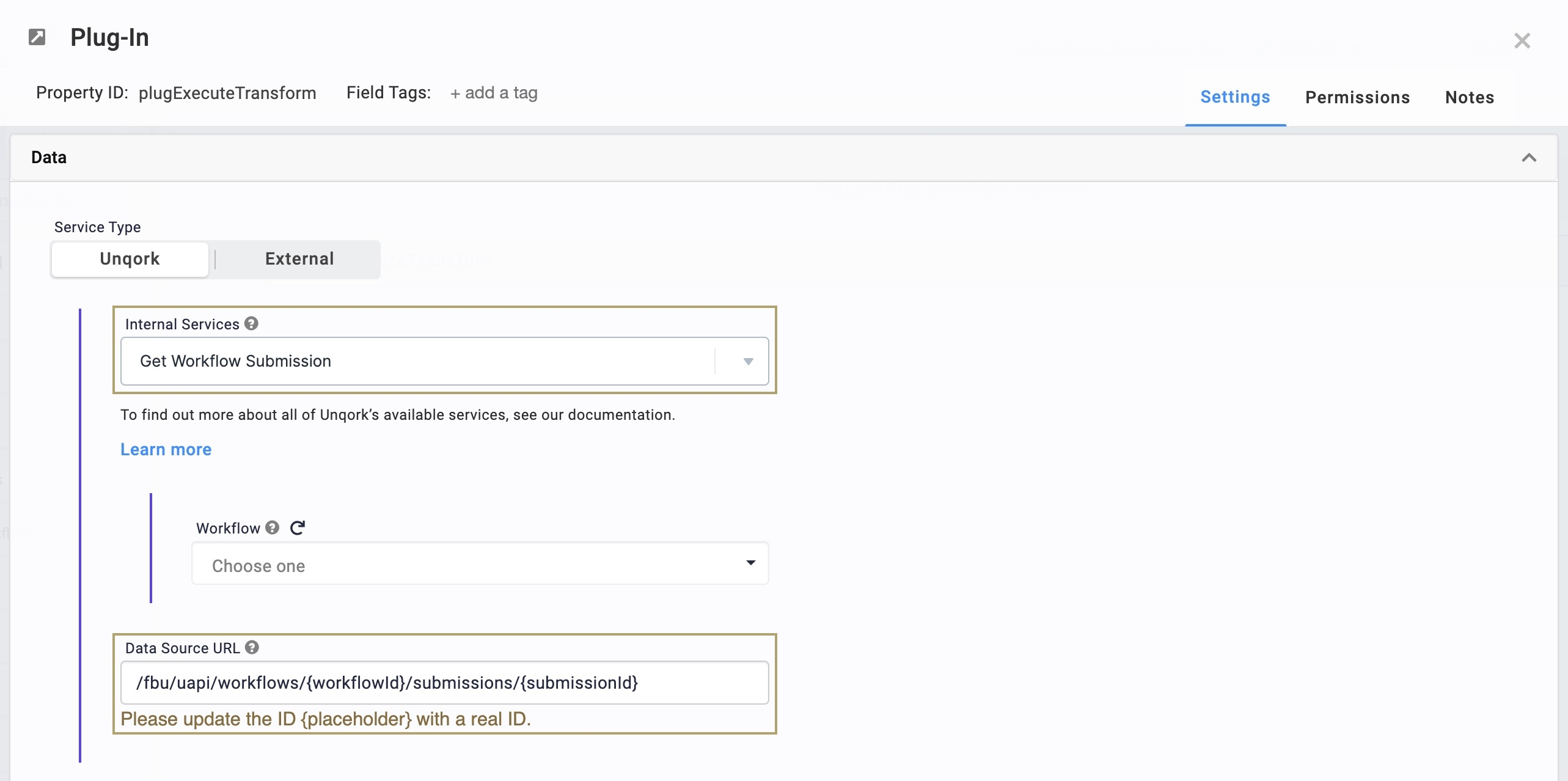 A static image displaying how to select the Get Workflow Submission Internal Service.