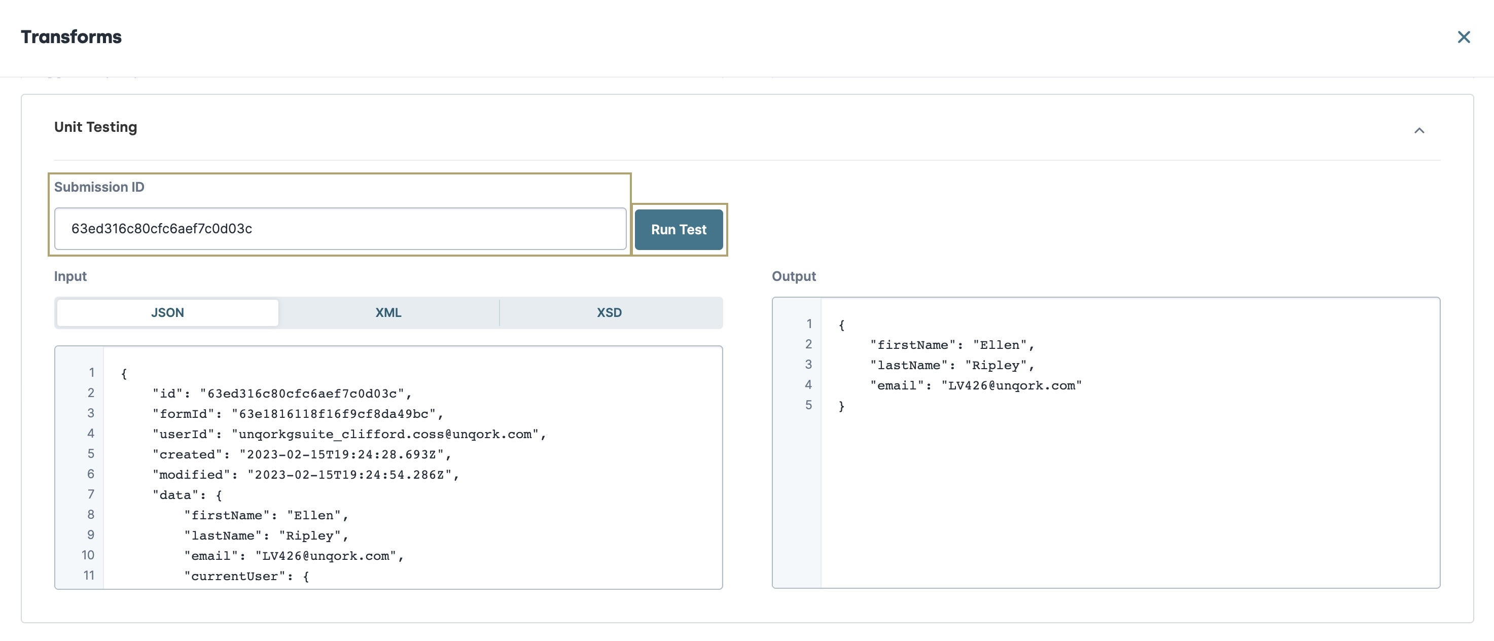 A static image displaying how to add a submission ID and test the transform.