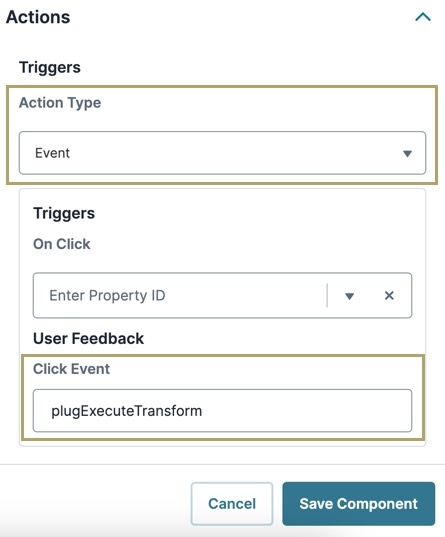 A static image displaying how to configure an event click to trigger the Plug-In component in UDesigner.