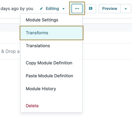 A static image displaying how to access the Transforms modal.